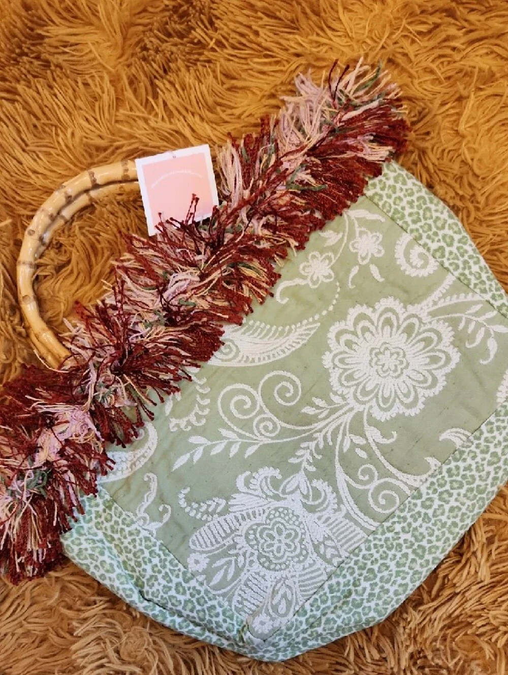 Vintage Handmade Pin Up Green Paisley Fringe Tote Bamboo Handles FINAL PRICE